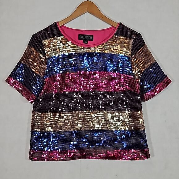 Tracee Ellis Ross for JCP Festive Sequin Striped Short Sleeve Semi Crop Blouse - Picture 1 of 7